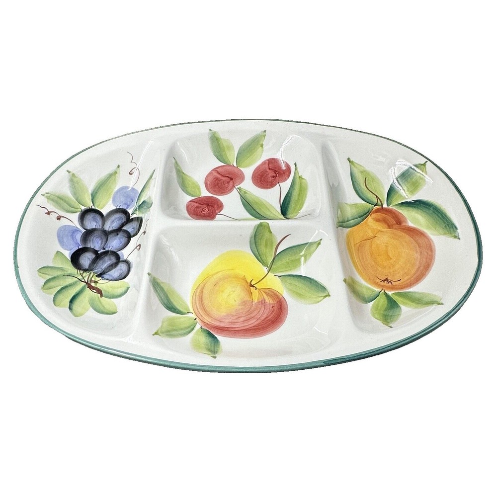 Handmade, Hand-Painted Large Oval Ceramic Fruit Pattern Divided Platter - Italy